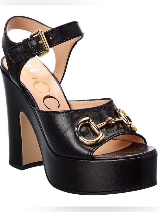 Gucci Shoes - NEW Gucci Black Leather Platform Sandals with Gold Horsebit Detail EU 39